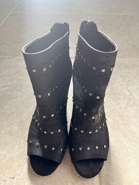Black Studded Open-Toe Women's Heeled Boots
